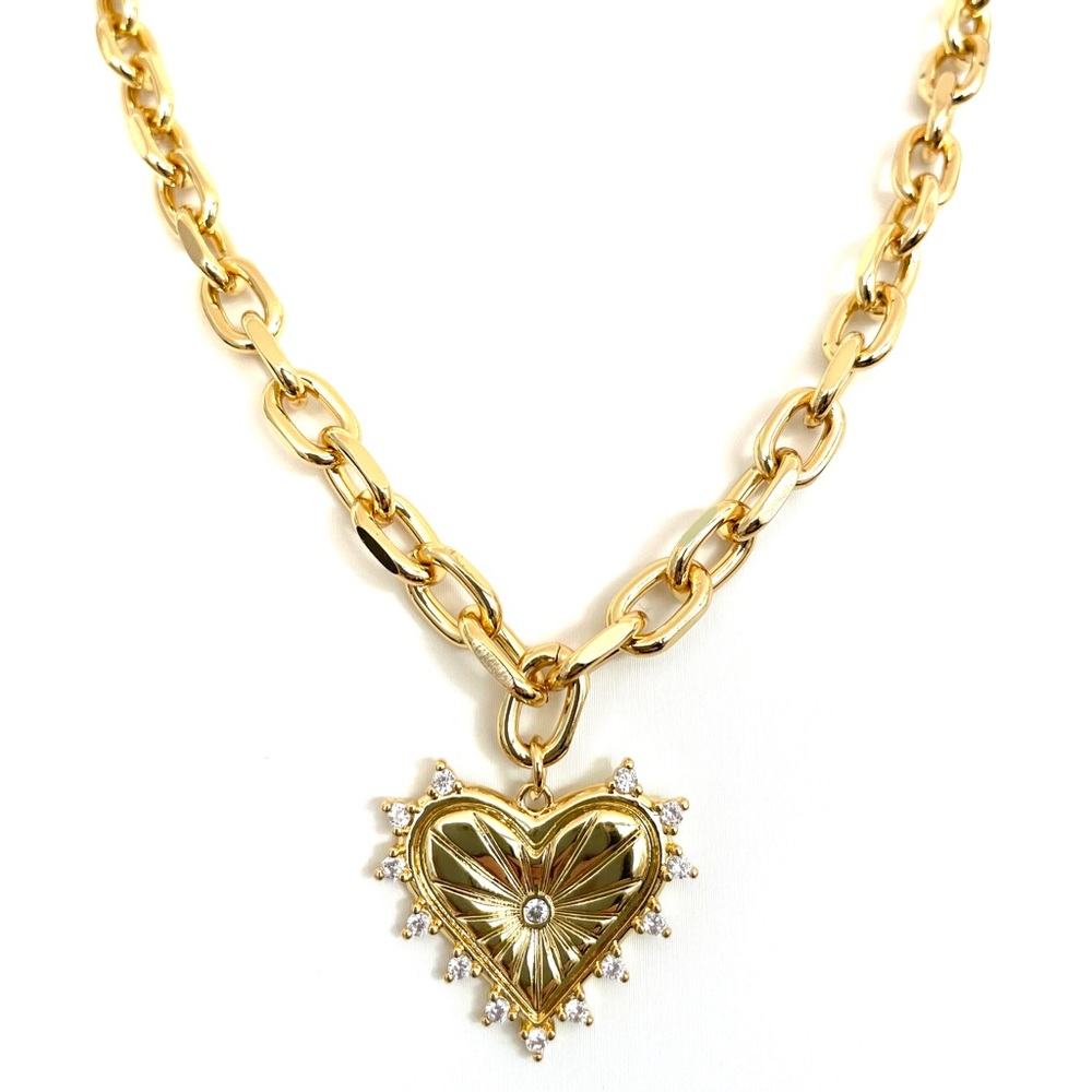 18k Gold Filled Chunky Paperclip Chain Pendant Necklace CZ Heart Charm Pendant - Picture 5 of 6